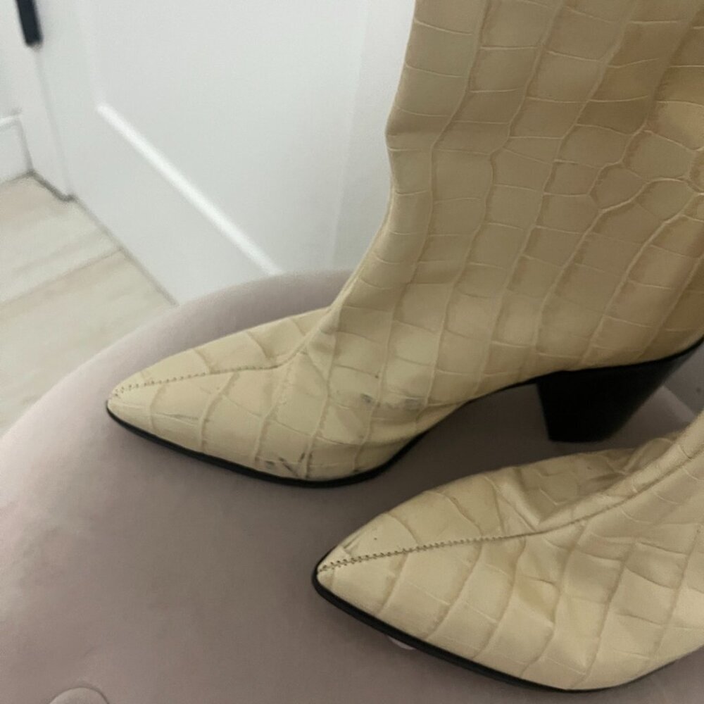 Schutz Analeah Beige Crocodile Leather High Heel Boots Size 7 - Picture 2 of 6